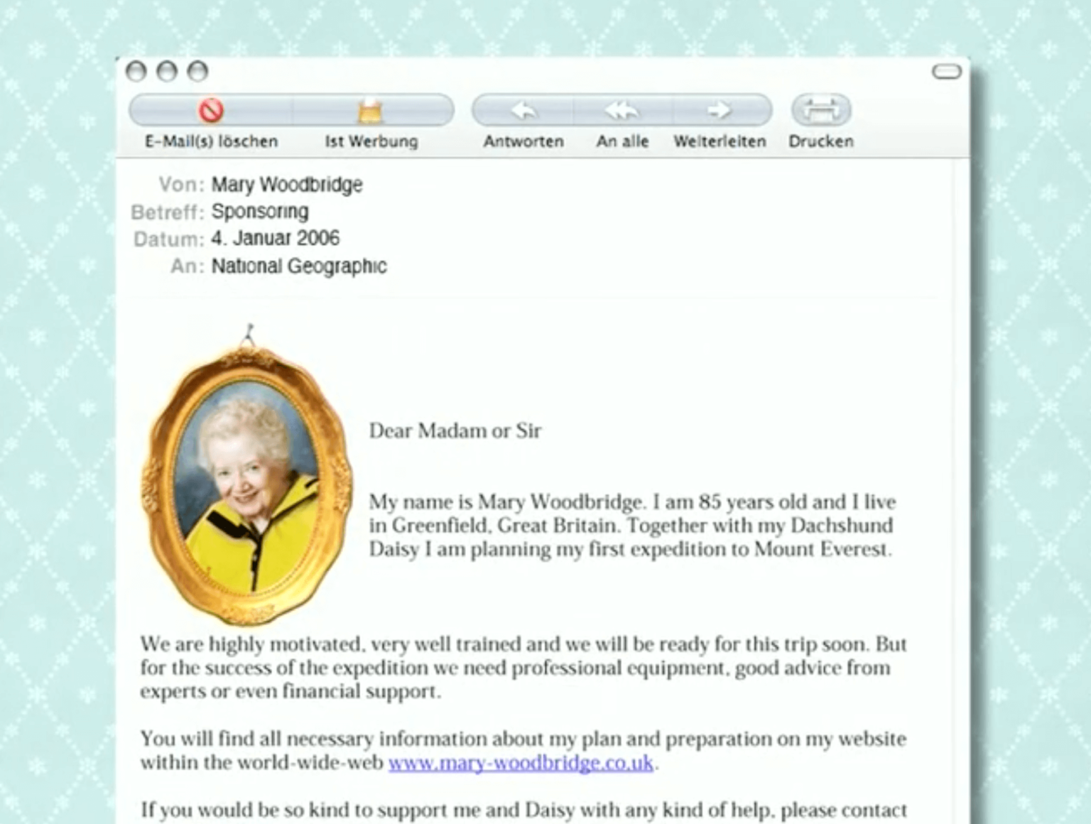 Mail von Mary Woodbridge an Sponsoren