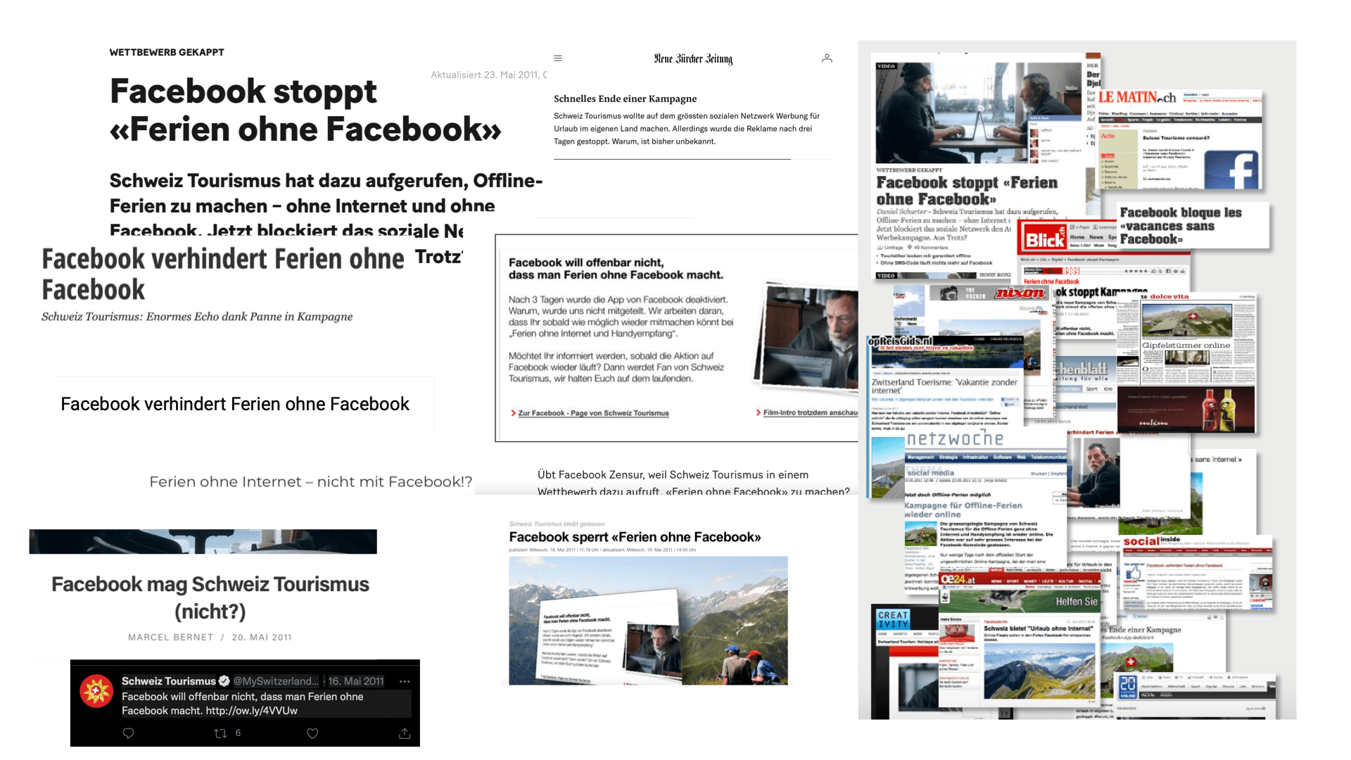 Schlagzeilen-Ausschnitte über die Schweiz-Tourismus-Werbung mit Facebook