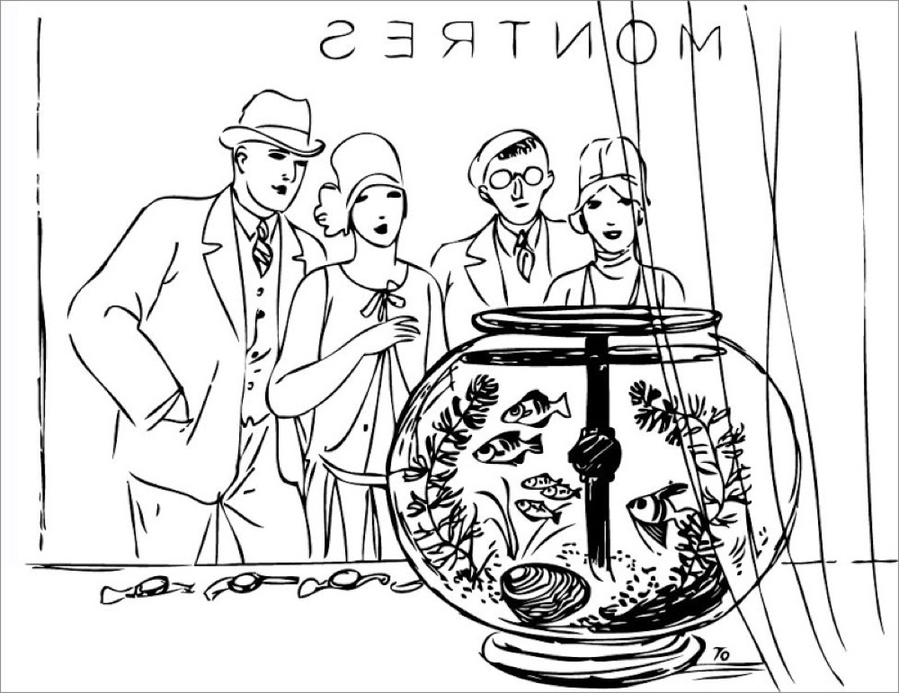 Ein Fischglas in einem Schaufenster eines Uhrengeschäfts