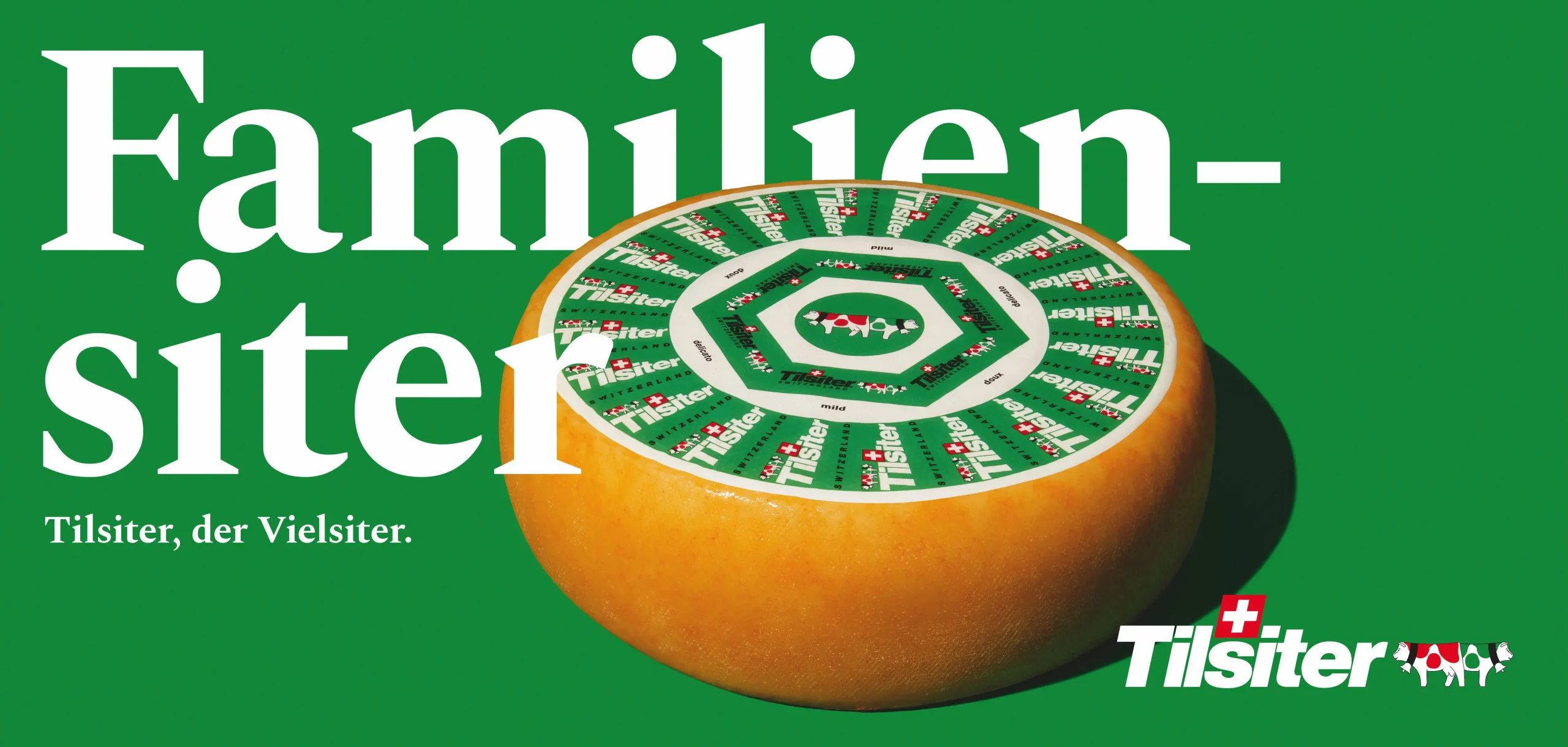 Plakatwerbung für Tilsiter, den Vielsiter. Headline: Familiensiter