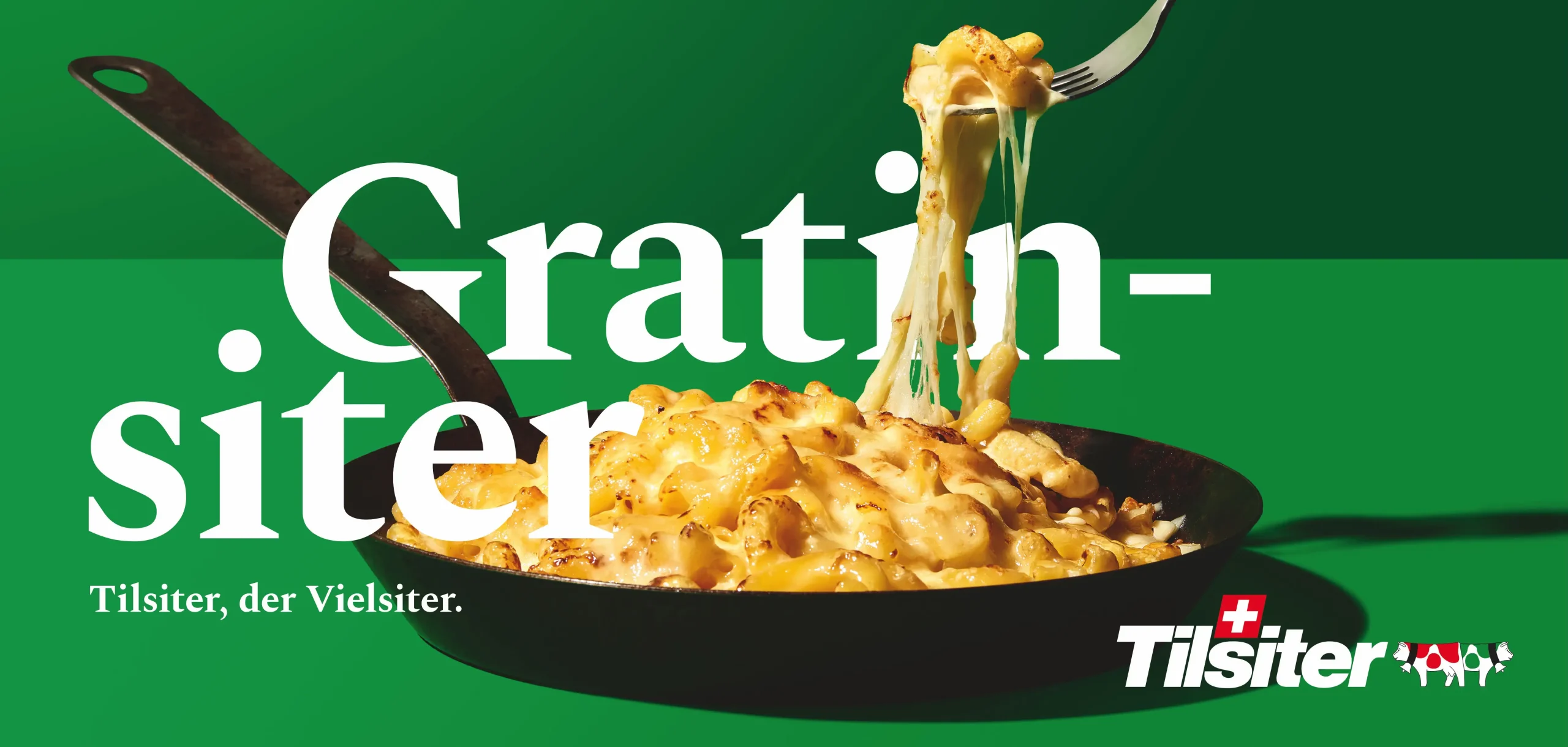 Plakatwerbung für Tilsiter, den Vielsiter. Headline: Gratinsiter