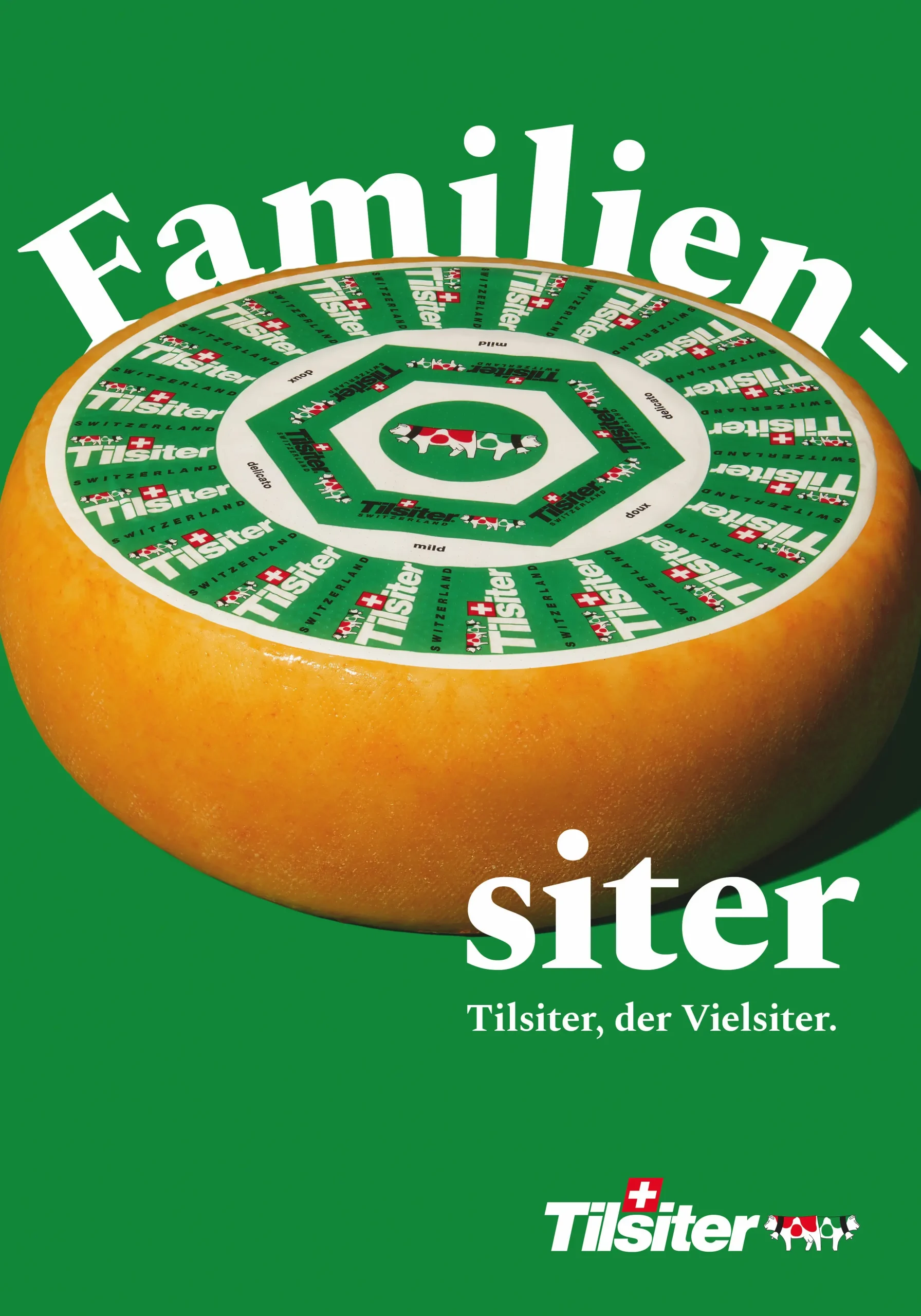 Plakatwerbung für Tilsiter, den Vielsiter. Headline: Familiensiter