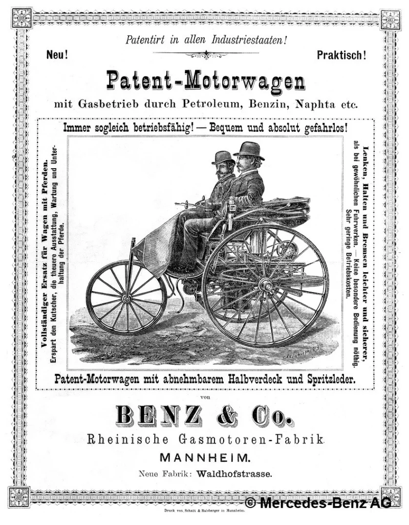 Anzeige für das erste Automobil, den Patent-Motorwagen von Benz