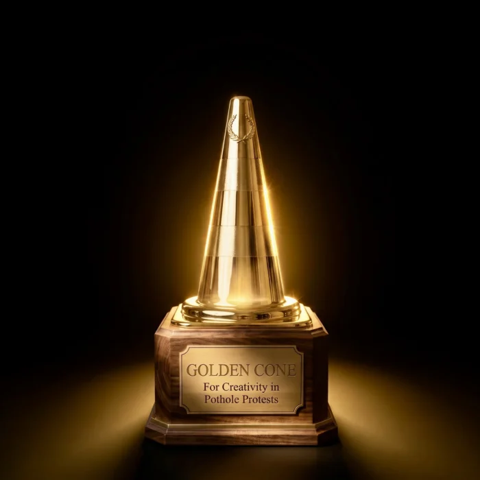 Das Bild eines nicht wirklich echten Awards, des Golden Cones für Kreativität bei Strassenlöcher-Protesten