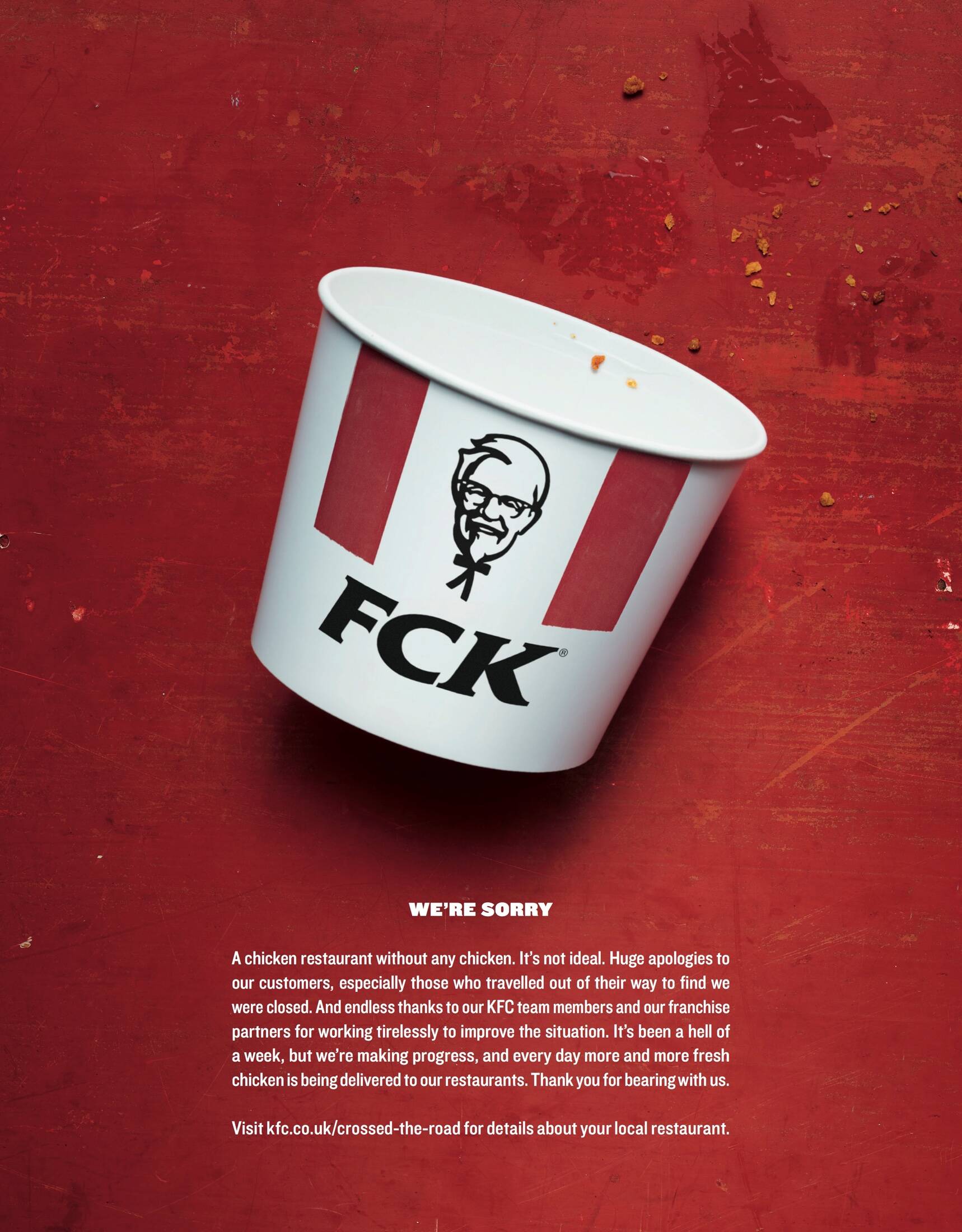 Berühmte Anzeige für KFC, auf der Box steht aber FCK. Darunter die Headline "We're sorry"